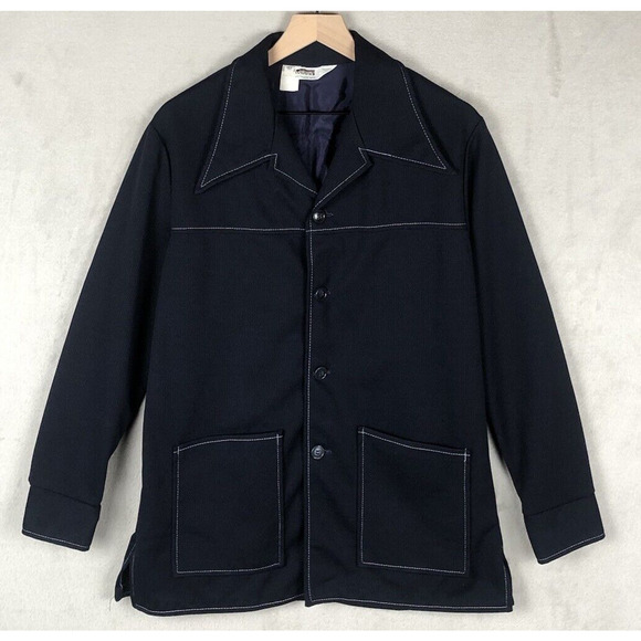 VTG MONTGOMERY WARD Jacket Sz L (42") Blue Pointy Collar USA 70s Pockets Button - Picture 1 of 16